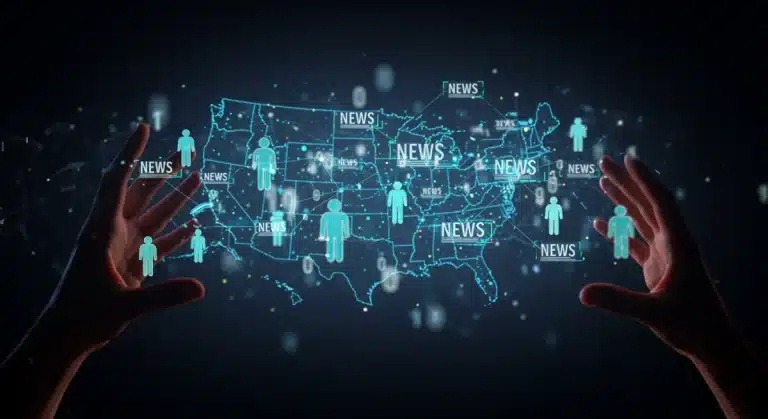 Futuristic network representing decentralized news governance in the US media landscape.