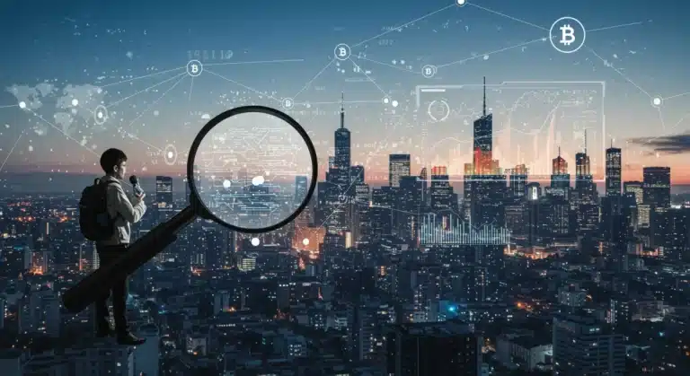 Futuristic journalist analyzing blockchain data on a holographic display for on-chain reporting in 2026.