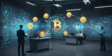 Futuristic newsroom with blockchain elements and content creators