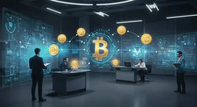 Futuristic newsroom with blockchain elements and content creators