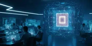 Futuristic newsroom with quantum data security