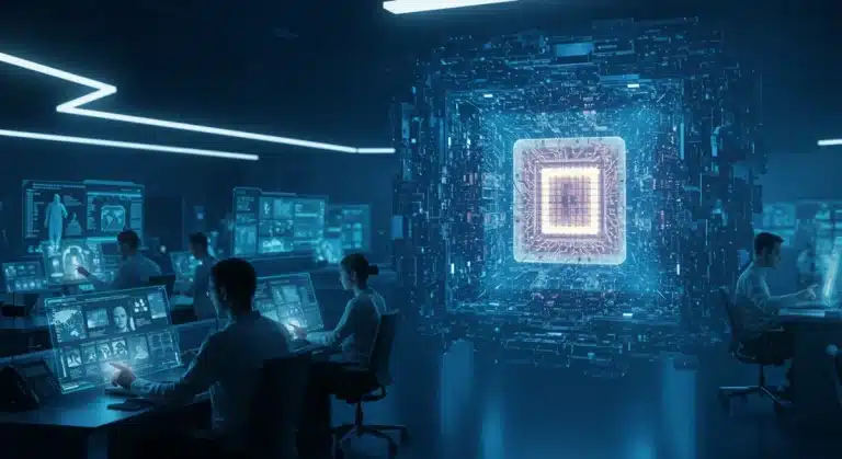 Futuristic newsroom with quantum data security