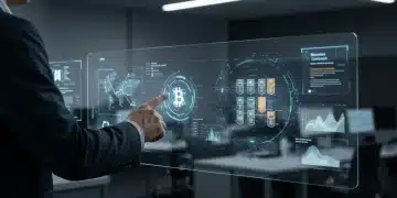 Futuristic newsroom with smart contract royalty automation