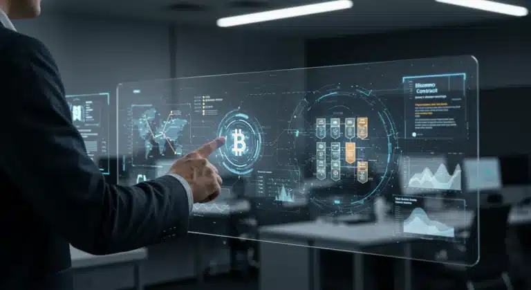 Futuristic newsroom with smart contract royalty automation