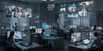 Journalists in a high-tech newsroom analyzing synthetic media and deepfakes for verification in 2026.