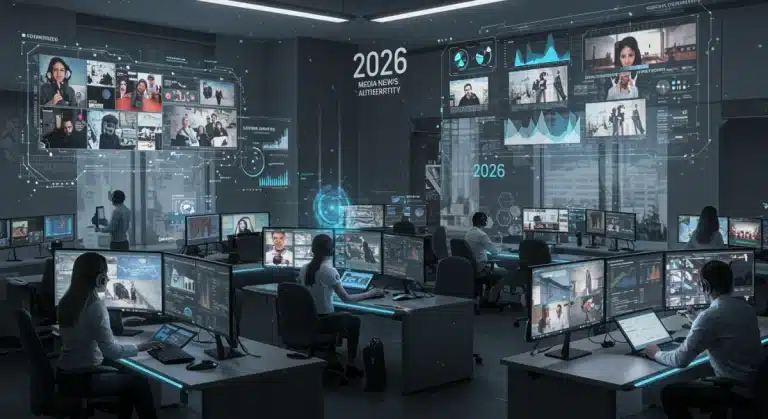 Journalists in a high-tech newsroom analyzing synthetic media and deepfakes for verification in 2026.