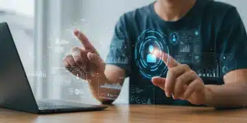 Futuristic person interacting with holographic personal AI assistant interfaces