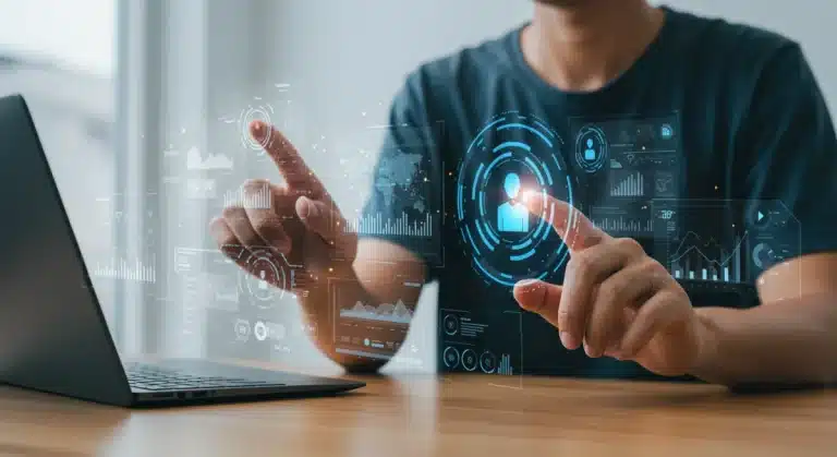 Futuristic person interacting with holographic personal AI assistant interfaces