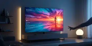 Futuristic living room with a large smart TV showing vibrant content and a person using gesture control.