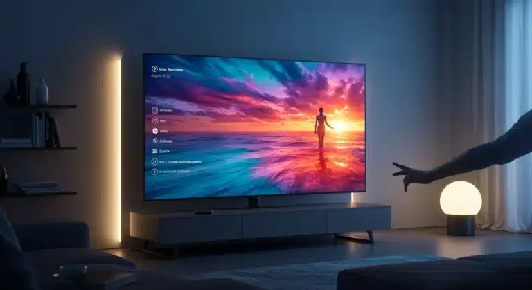 Futuristic living room with a large smart TV showing vibrant content and a person using gesture control.