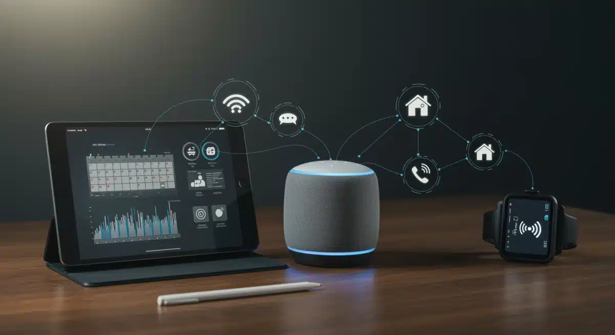 Integrated smart devices displaying personal AI assistant interfaces on a modern desk