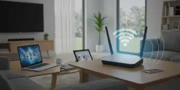 Modern Wi-Fi router broadcasting strong signal in a smart home environment with connected devices.