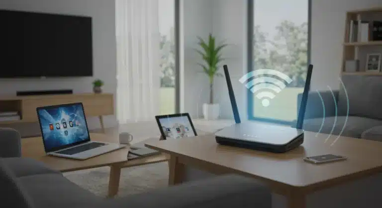 Modern Wi-Fi router broadcasting strong signal in a smart home environment with connected devices.