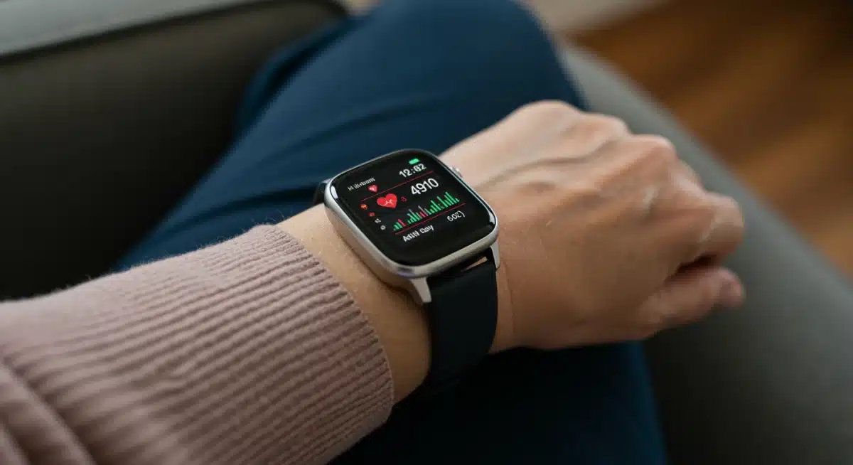 Senior wearing a modern smartwatch displaying health data