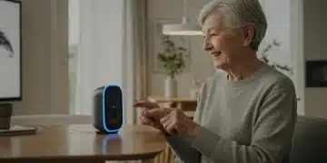 Senior woman interacting with a smart home voice assistant for daily tasks
