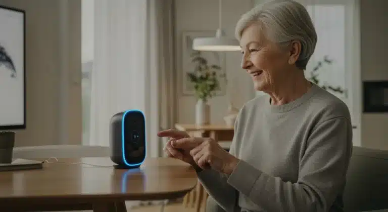 Senior woman interacting with a smart home voice assistant for daily tasks