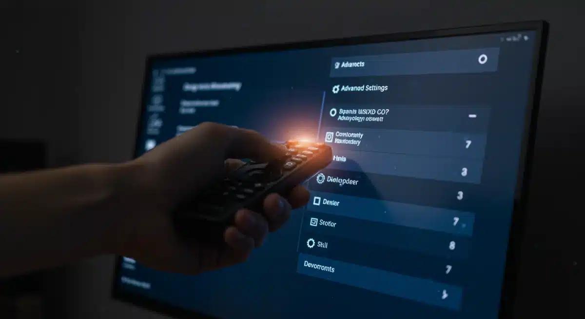 Hand navigating smart TV advanced settings menu with remote control.