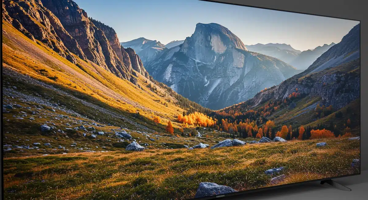 Close-up of an 8K QLED TV displaying a vibrant nature scene