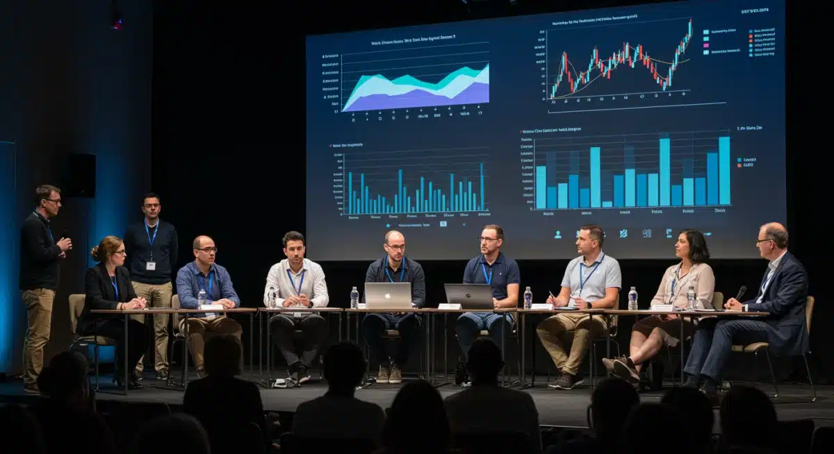 Panel discussion with legal experts, AI developers, and journalists discussing digital rights and market trends.