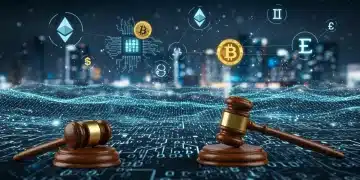 Futuristic digital landscape with crypto symbols, circuit boards, and legal gavels representing AI, copyright, and crypto news.