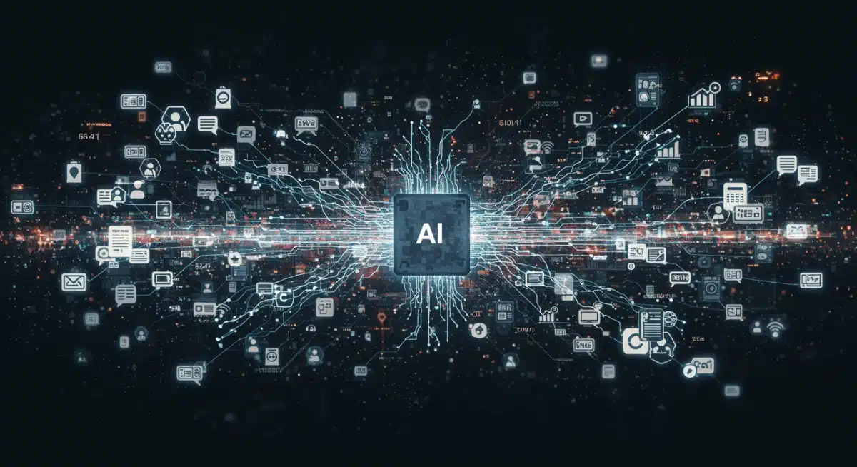 Data streams feeding into an AI core for predictive journalism analysis