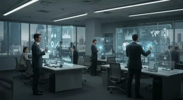 AI-powered newsroom of the future with journalists and data visualizations