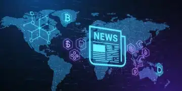 Futuristic blockchain network converging with news symbols for journalism innovation
