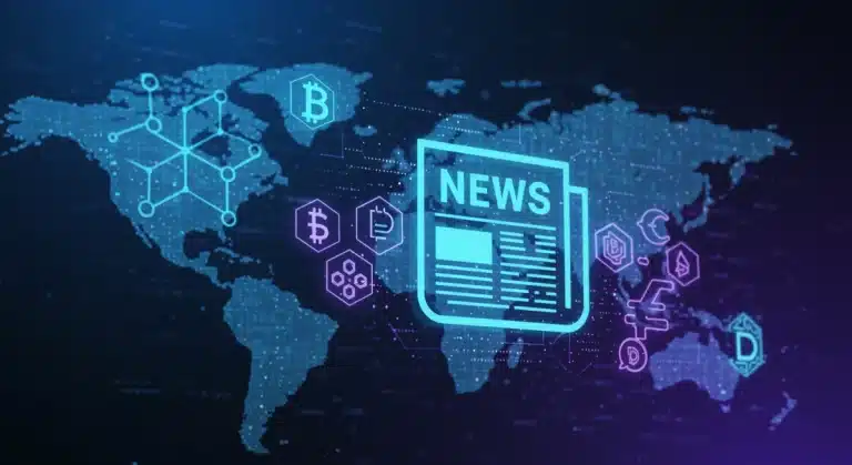 Futuristic blockchain network converging with news symbols for journalism innovation