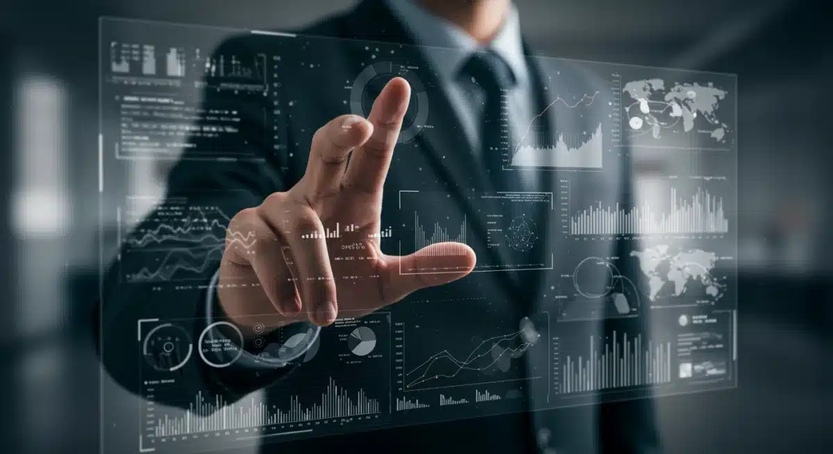 Journalist analyzing complex blockchain transaction data on a transparent screen with Web3 tools.