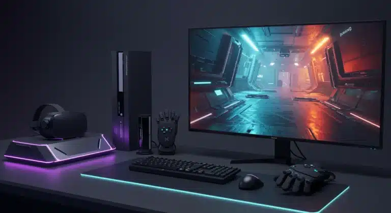Futuristic gaming setup with new console, VR headset, and haptic feedback gear for 2026