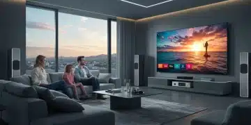 Futuristic living room with 8K TV and immersive entertainment setup