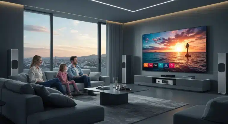Futuristic living room with 8K TV and immersive entertainment setup