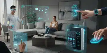 Futuristic living room with integrated smart home devices and advanced AR wearables in the US