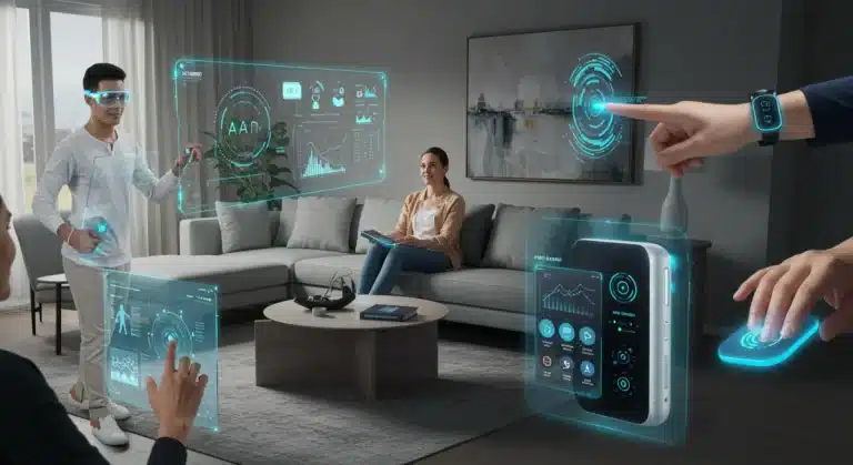 Futuristic living room with integrated smart home devices and advanced AR wearables in the US