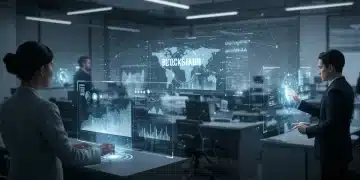 Journalists using advanced Web3 tools to verify on-chain data in a futuristic newsroom setting.