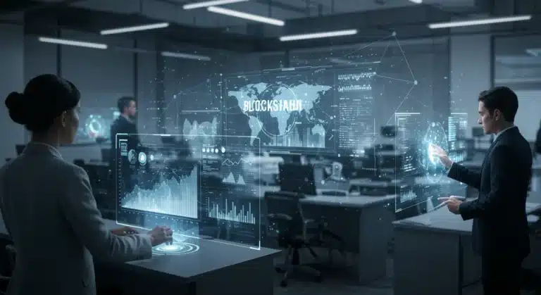Journalists using advanced Web3 tools to verify on-chain data in a futuristic newsroom setting.