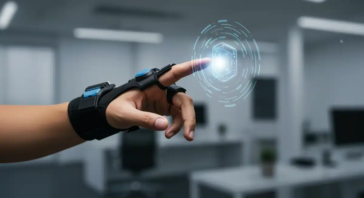 Person wearing haptic feedback glove interacting with a holographic projection