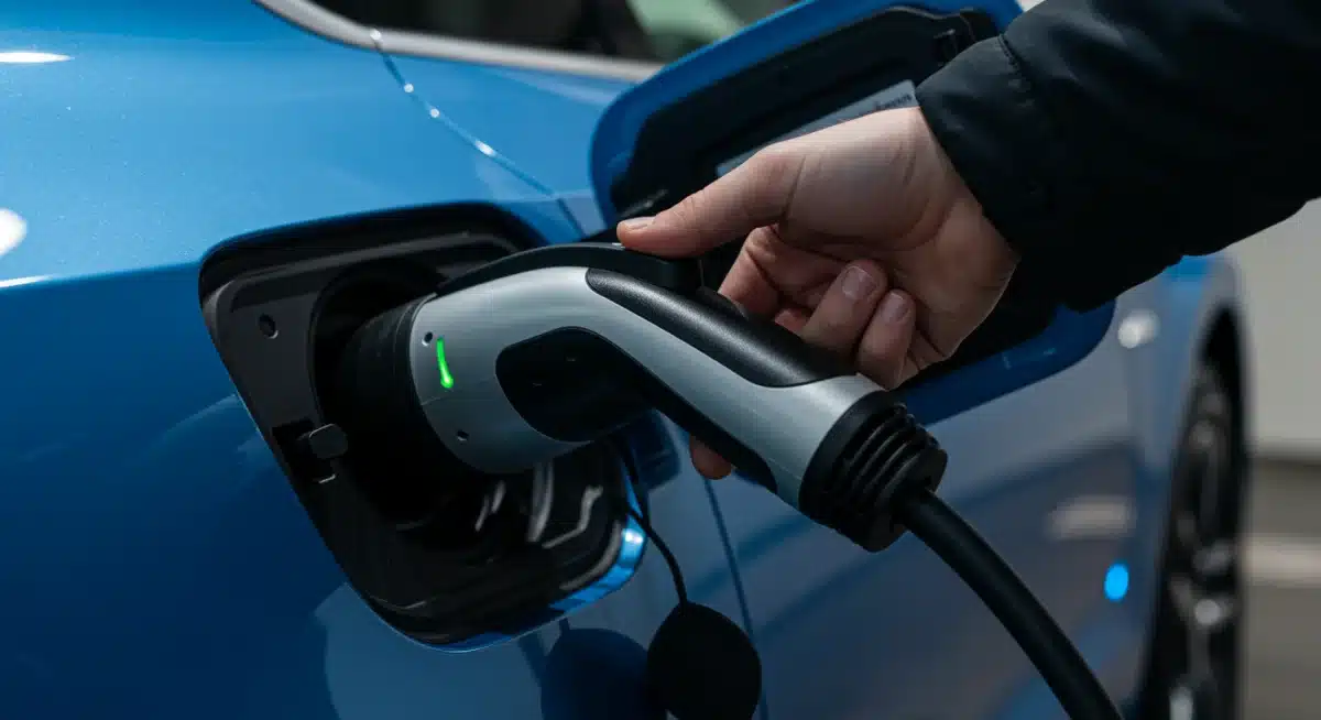 Level 2 EV charging connector being plugged into an electric car