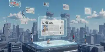 Futuristic metaverse city with holographic news feeds and avatars