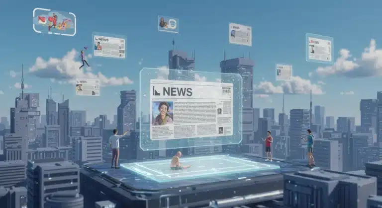 Futuristic metaverse city with holographic news feeds and avatars