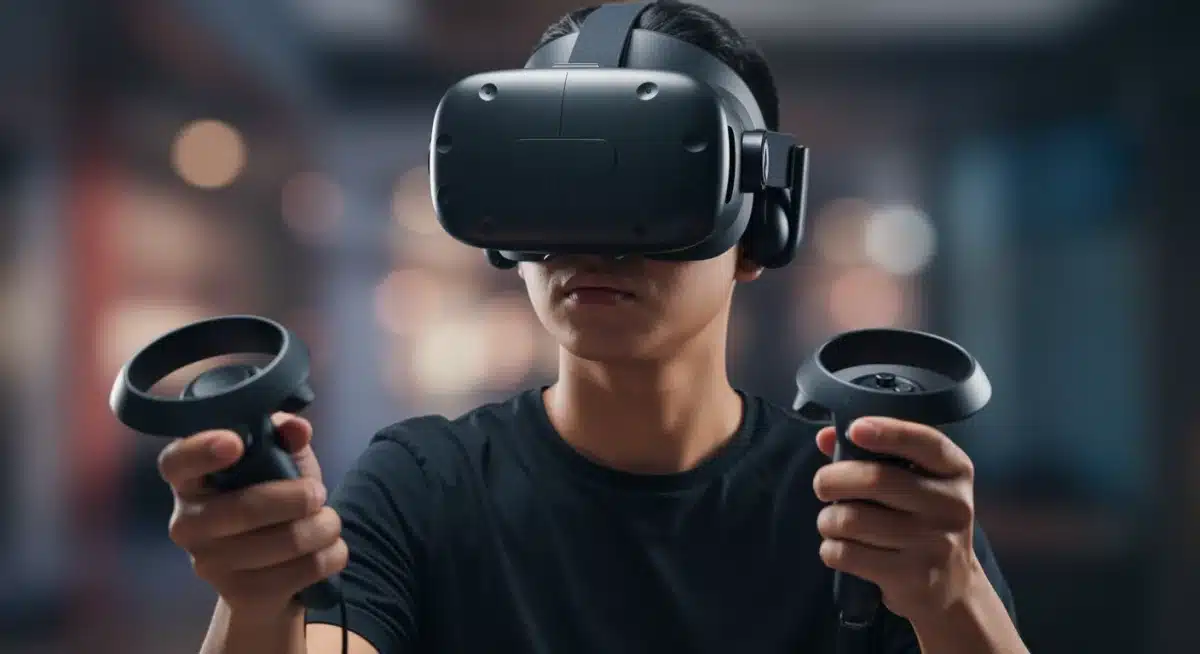 Person wearing a modern VR headset experiencing an immersive virtual world