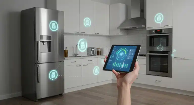 Smart kitchen with integrated appliances and energy monitoring display