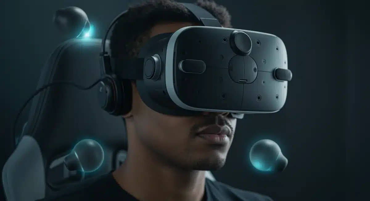Gamer experiencing deep immersion with advanced VR headset and haptic technology