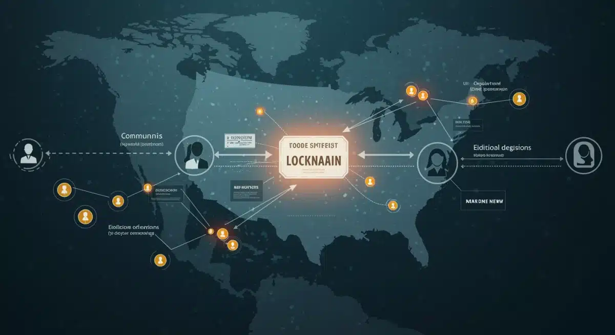 Blockchain network illustrating decentralized journalism funding and community governance