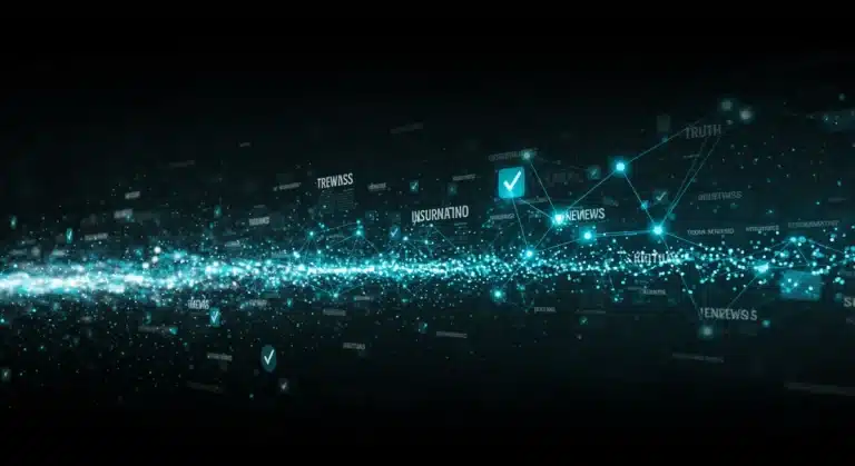 Decentralized news network graphic with secure data flow and verified information symbols