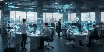 Futuristic newsroom with AI integration and human journalists collaborating