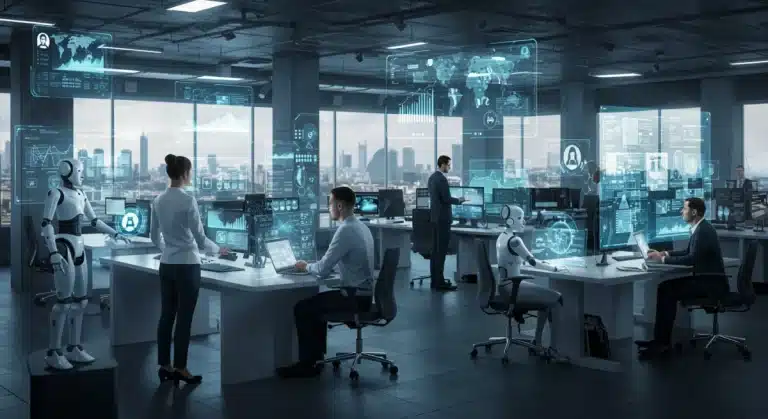 Futuristic newsroom with AI integration and human journalists collaborating