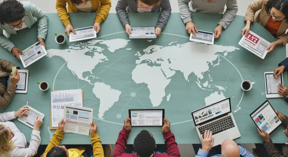 Diverse individuals accessing reliable news through decentralized platforms