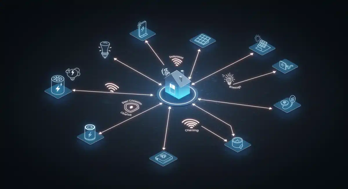 Infographic showing an integrated smart home energy network with connected devices.