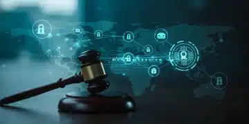 Decentralized news network under SEC scrutiny with blockchain and legal symbols over a US map